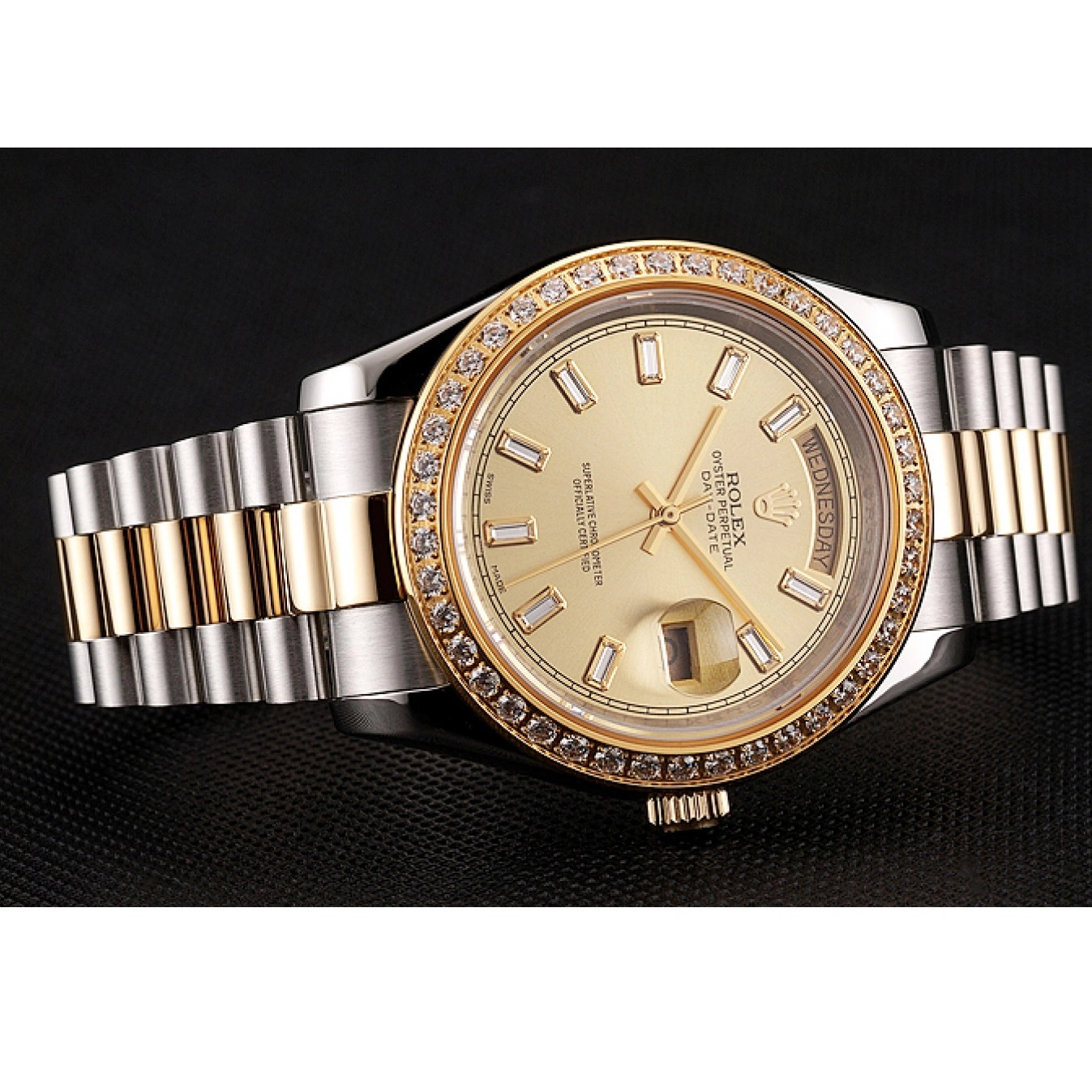 Aaa replica Dial Tone Bracelet Diamond Swiss Bezel Rolex Two Champagne 1454103 Day-Date 0802